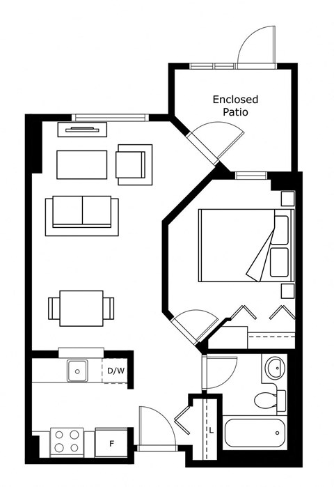 Floor plan for 1 bed, 1 bath